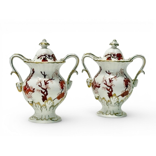 199 - A Pair of Coalport Indian Tree Coral Pot Pourri Vases. 12.5x7.5x14.5cm.