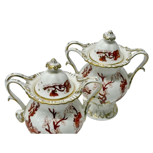 199 - A Pair of Coalport Indian Tree Coral Pot Pourri Vases. 12.5x7.5x14.5cm.