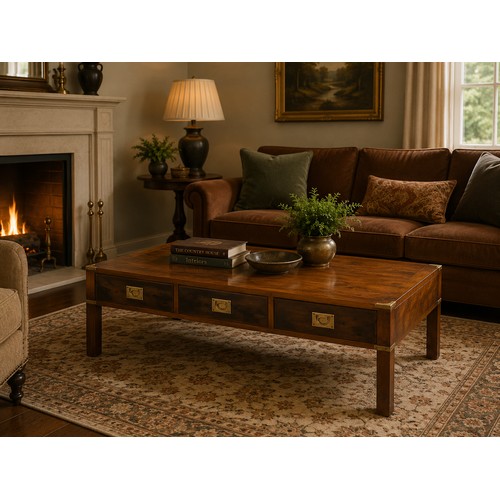 257 - A Campaign Style Yew Wood Coffee Table. With three drawers and three faux drawers. 122x56x41cm.