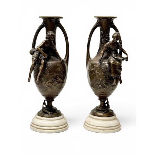 223 - Francois Moreau (1832-1926) A Large Pair of Art Nouveau Bronze Figural Vases Marble Bases. C.1900. 4... 