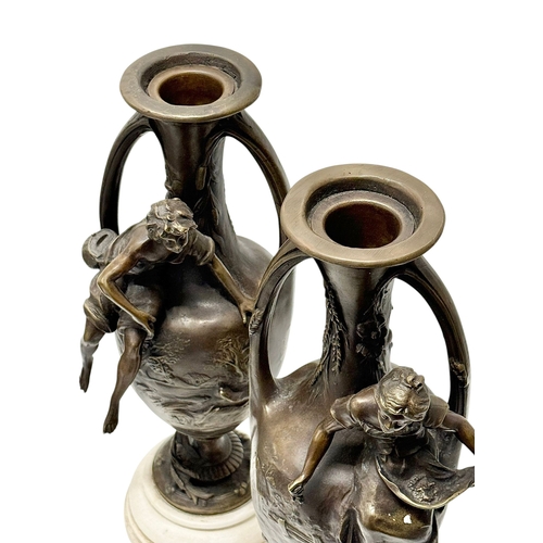 223 - Francois Moreau (1832-1926) A Large Pair of Art Nouveau Bronze Figural Vases Marble Bases. C.1900. 4... 
