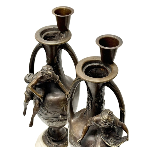 223 - Francois Moreau (1832-1926) A Large Pair of Art Nouveau Bronze Figural Vases Marble Bases. C.1900. 4... 