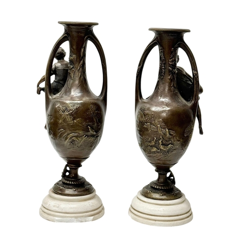 223 - Francois Moreau (1832-1926) A Large Pair of Art Nouveau Bronze Figural Vases Marble Bases. C.1900. 4... 