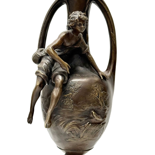 223 - Francois Moreau (1832-1926) A Large Pair of Art Nouveau Bronze Figural Vases Marble Bases. C.1900. 4... 