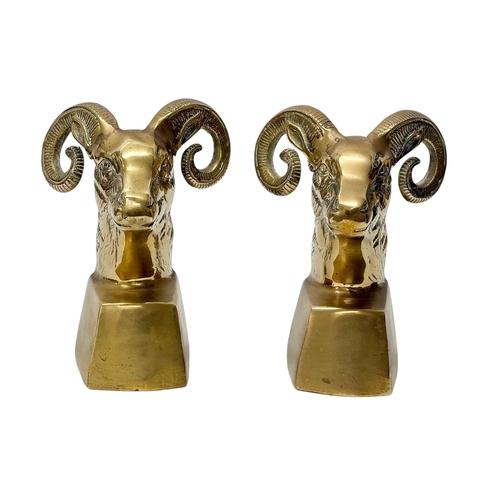 224 - A Pair of Brass Rams Head Bookends. Mid 20th Century. 12x10x18cm.