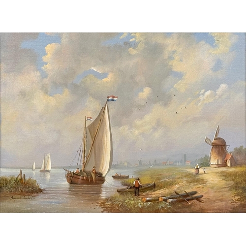 204 - Raymond Campbell (B.1956) An Oil on Canvas. Dutch Canal Scene 41x30.5cm. Frame 56x46cm.