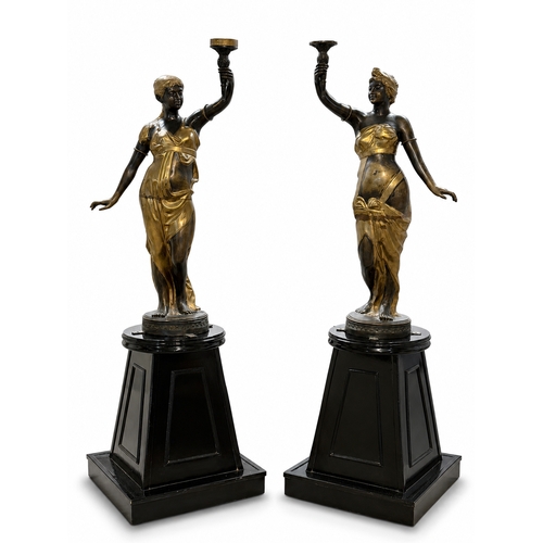 A Pair of Large Venetian Style Bronze Figural Lamps on Plinths. 192cm.