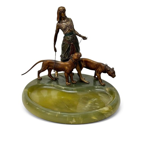 An Austrian Bronze and Onyx Centrepiece. By Franz Xaver Bergmann, C.1900. Titled Orientalin mit Panthern. 25x24.5x21cm.