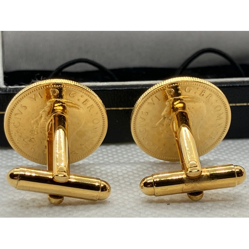 38 - Early post WW2 George VI Gold plated six pence cufflinks 1947 & 1948