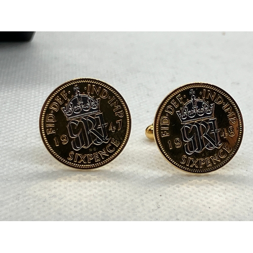 38 - Early post WW2 George VI Gold plated six pence cufflinks 1947 & 1948