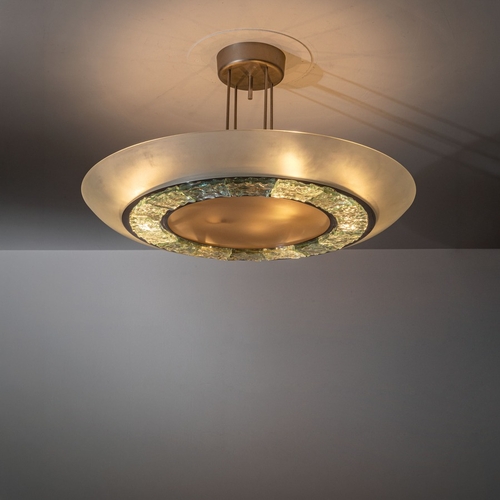 122 - MAX INGRANDLampada a sospensione mod. 2459. Ottone nichelato, alluminio verniciato, cristallo curvat... 