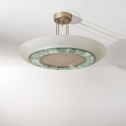 122 - MAX INGRANDLampada a sospensione mod. 2459. Ottone nichelato, alluminio verniciato, cristallo curvat... 