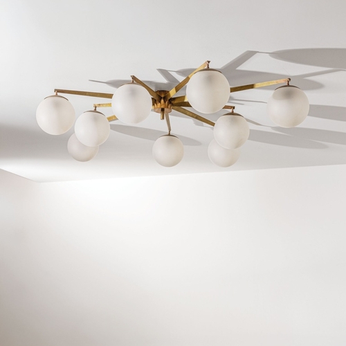 126 - ANGELO LELIILampada a plafone nove Lune. Ottone, vetro soffiato e acidato. Produzione Arredoluce, an... 