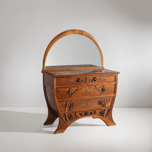 136 - CARLO ZENCassettiera con specchio. Legno lavorato, ottone, cristallo specchiato, marmo. Italia,  ann... 