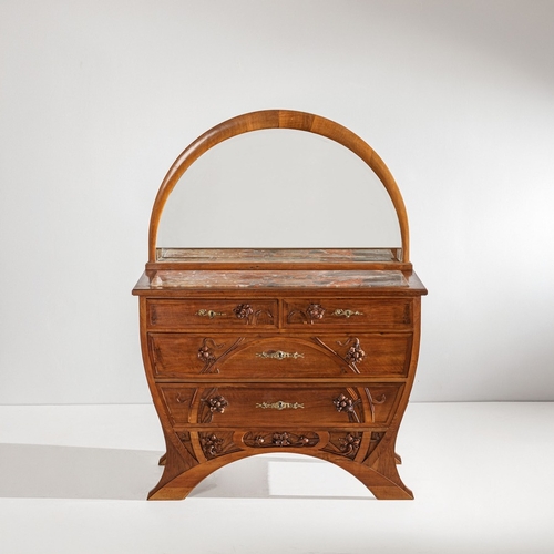 136 - CARLO ZENCassettiera con specchio. Legno lavorato, ottone, cristallo specchiato, marmo. Italia,  ann... 