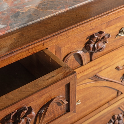 136 - CARLO ZENCassettiera con specchio. Legno lavorato, ottone, cristallo specchiato, marmo. Italia,  ann... 