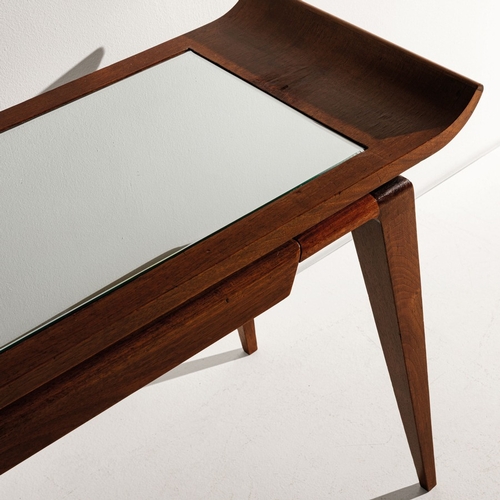 150 - FONTANA ARTEConsolle con specchiera. Legno, cristallo colorato, specchiato e parzialmente sabbiato. ... 