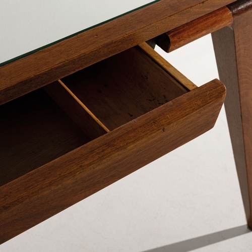 150 - FONTANA ARTEConsolle con specchiera. Legno, cristallo colorato, specchiato e parzialmente sabbiato. ... 