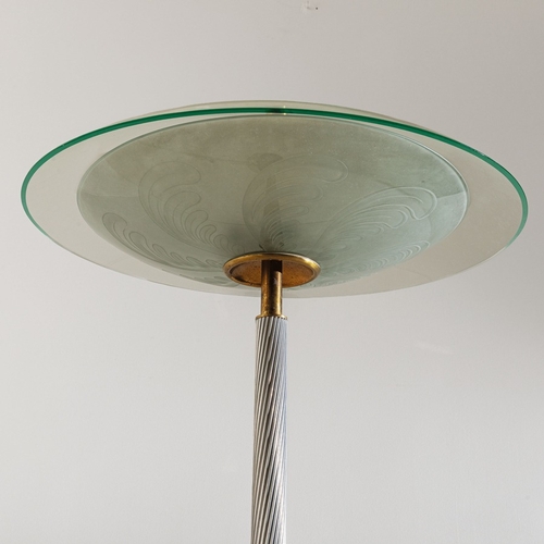 151 - PIETRO CHIESALampada da terra. Ghisa goffrata, alluminio lavorato, ottone, cristallo curvato, colora... 