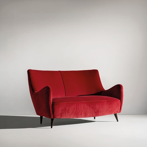 153 - GIO PONTIDivano. Legno tornito e tinto, tessuto imbottito. Italia, anni '50. Perizia Gio Ponti Archi... 