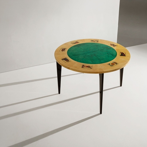 155 - ALDO TURAQuattro sedie e un tavolo. Legno rivestito in pergamena, tessuto imbottito. Produzione Tura... 