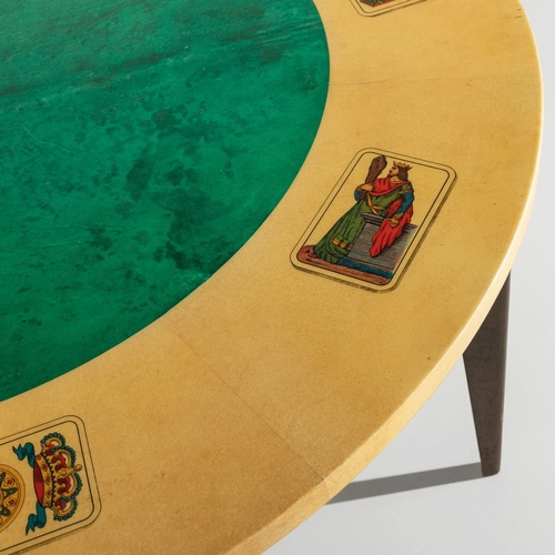 155 - ALDO TURAQuattro sedie e un tavolo. Legno rivestito in pergamena, tessuto imbottito. Produzione Tura... 