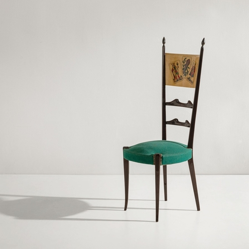 155 - ALDO TURAQuattro sedie e un tavolo. Legno rivestito in pergamena, tessuto imbottito. Produzione Tura... 