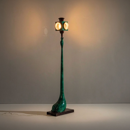 156 - ALDO TURALampada da terra. Legno rivestito in pergamena, ottone, cristallo molato. Produzione Tura a... 