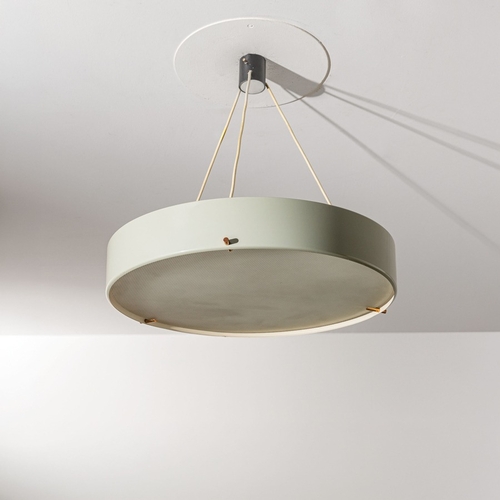 166 - BRUNO GATTALampada a sospensione. Alluminio verniciato, ottone, vetro stampato. Produzione Stilnovo ... 