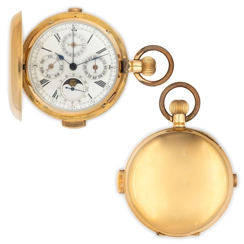 183 - SAVONETTE DA TASCA IN ORO, CON SUONERIA ORE, QUARTI E MINUTI, CRONOMETRO E CALENDARIO COMPLETO, SVIZ... 