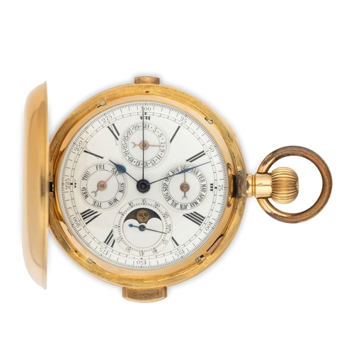 183 - SAVONETTE DA TASCA IN ORO, CON SUONERIA ORE, QUARTI E MINUTI, CRONOMETRO E CALENDARIO COMPLETO, SVIZ... 