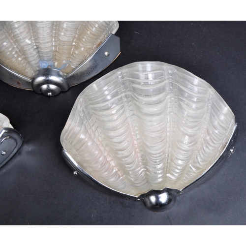 52 - A matching set of three vintage Art Deco clam shell frosted glass wall sconce lamp lights. Each with... 