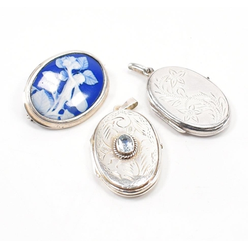 203 - Silver 925 and blue stone locket pendant with chase decoration, bale atop. Together with another sil... 