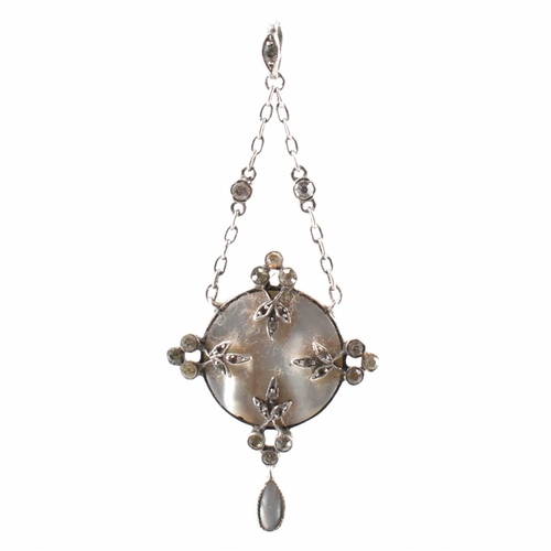 221 - A 19th Century Victorian silver and mother of pearl pendant having a round disc to the centre with w... 