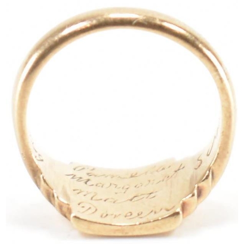 245 - A hallmarked 9ct gold children's signet ring. The ring having engraved initials to square head with ... 