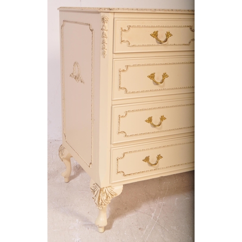 1160 - A 20th century Louis XV style painted sideboard credenza. The chest of drawers having a glass top wi... 