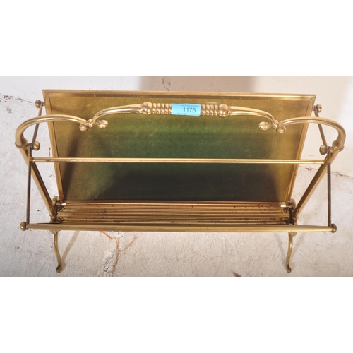 1176 - Mid-century brass magazine rack - canterbury stand. Rococo scroll worked brass frame  and feet with ... 