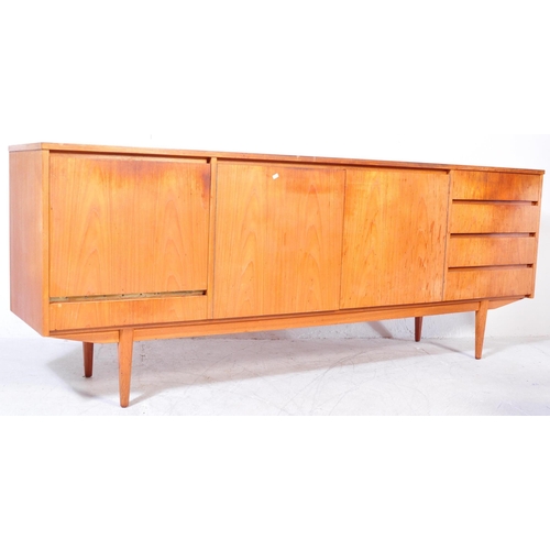 1177A - A vintage mid 20th Century teak wood side board. The sideboard having a central pair of sliding door... 