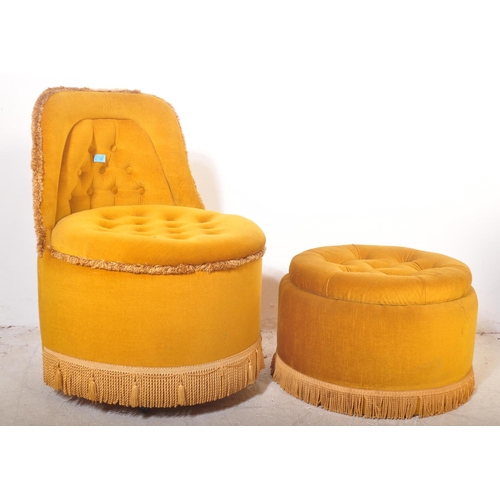 1180 - A 20th century vintage circular button back boudoir armchair raised on castors, covered in a velour ... 