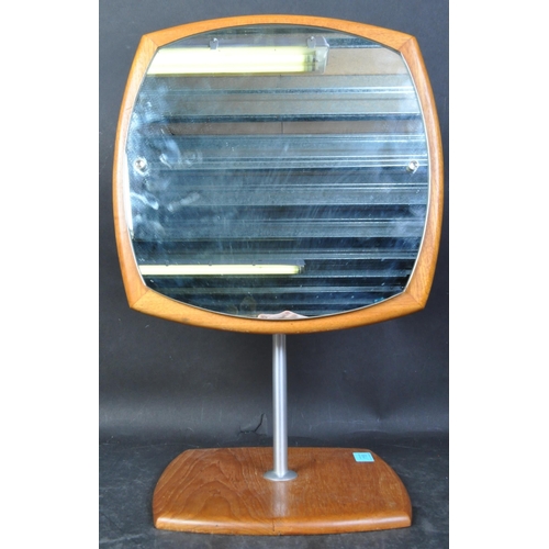 1185 - A retro vintage 20th century teak wood Danish inspired Atomic shaped table beauty mirror on stand, t... 