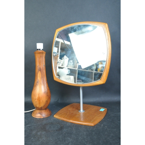 1185 - A retro vintage 20th century teak wood Danish inspired Atomic shaped table beauty mirror on stand, t... 