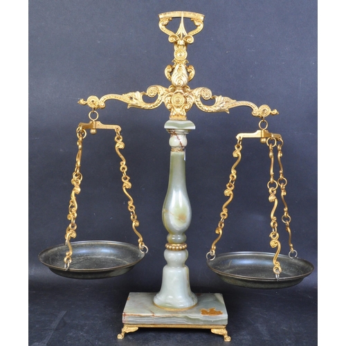 1189 - A retro vintage mid 20th Century large onyx weighing scales. Having gilt and brass decoration, with ... 