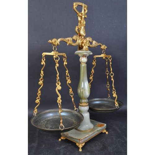 1189 - A retro vintage mid 20th Century large onyx weighing scales. Having gilt and brass decoration, with ... 