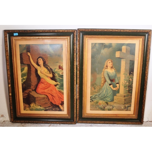 1195 - A large pair of 19th century Victorian religious prints within oak ebonised and gilded frames. Each ... 