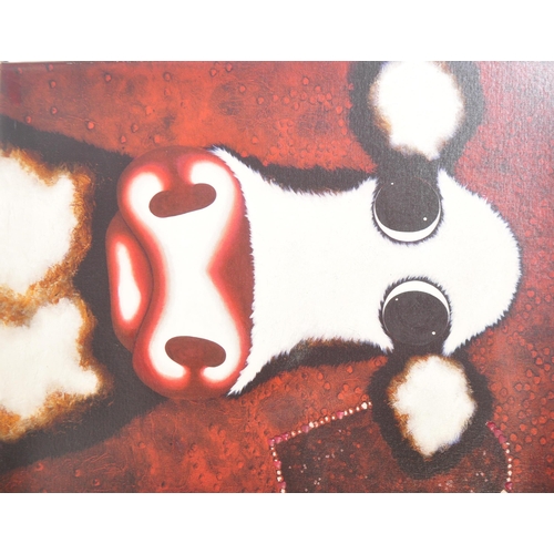 1245 - Caroline Shotton - A signed limited edition print featuring a cow and a love heart on a red back gro... 