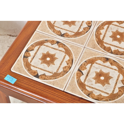 1297a - A collection of mid 20th Century teak wood coffee tables. One of them having a tile top in rectangul... 