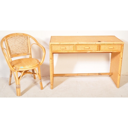 1346 - A retro vintage 20th century bamboo wicker rattan writing conservatory desk with chair. The desk hav... 