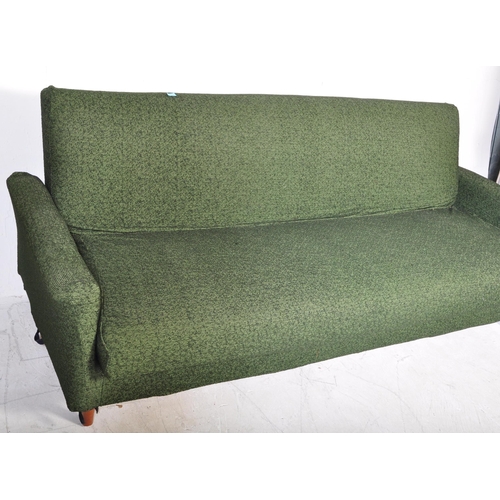 1363 - A retro vintage 20th century upholstered in dark green textured fabric four seater settee / sofa rai... 