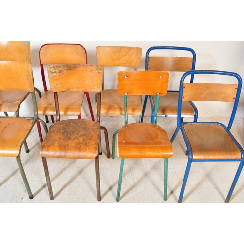 1364a - A collection of eight vintage retro 20th century industrial style cafe dining chairs, each having pa... 