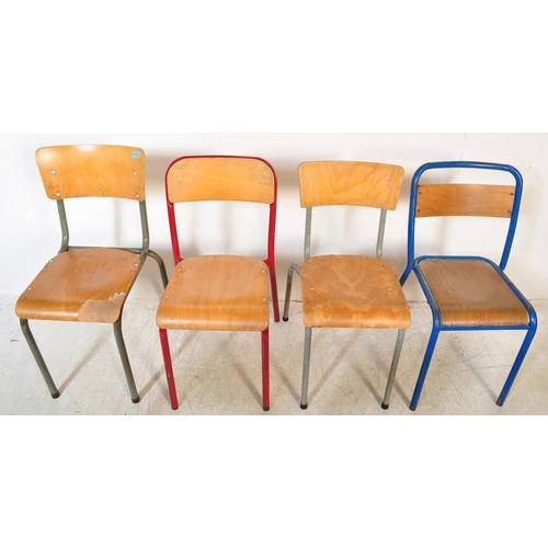 1364a - A collection of eight vintage retro 20th century industrial style cafe dining chairs, each having pa... 